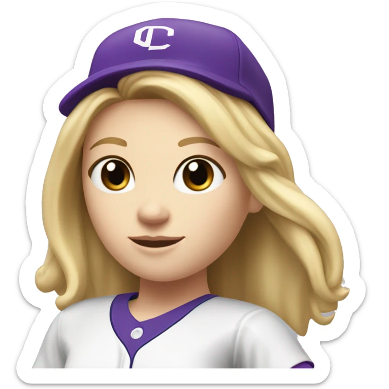 baseball card character. white female. longe blonde straight hair. letter C logo. Purple and white uniform.  sticker