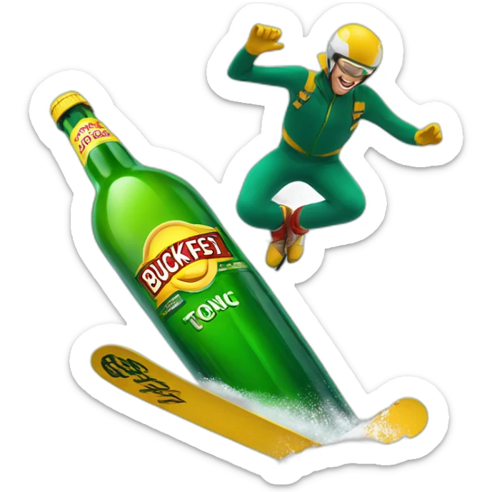 Man ski jumping over a giant green bottle of buckfast tonic wine sticker