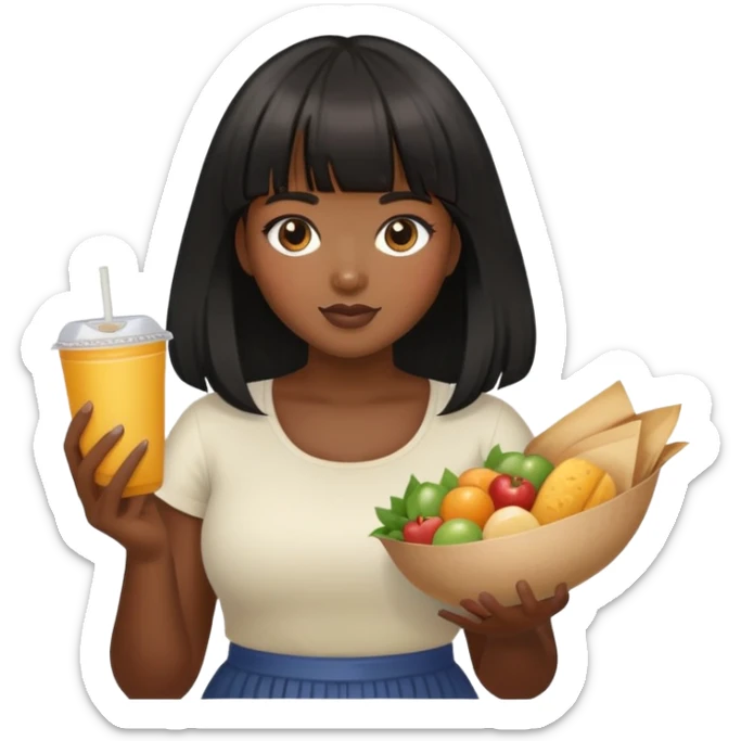 Medium dark skin tone girl with bangs black long hair plus size with food sticker