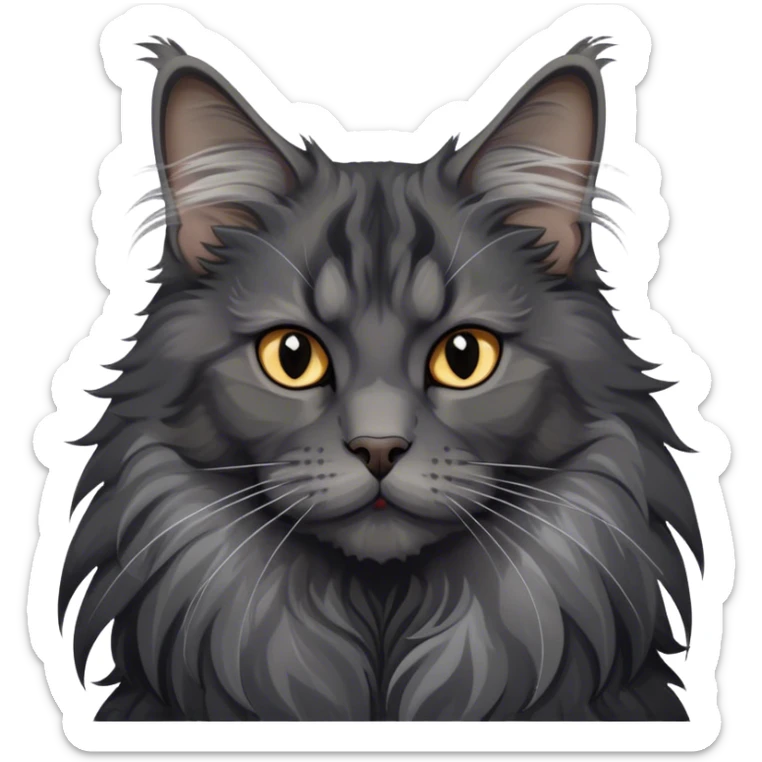 Portrait of a black smoke Maine Coon cat with long grey ear tufts and a large grey ruff around its neck. The cat has a majestic expression, with fluffy fur and striking eyes. Transparent background. sticker