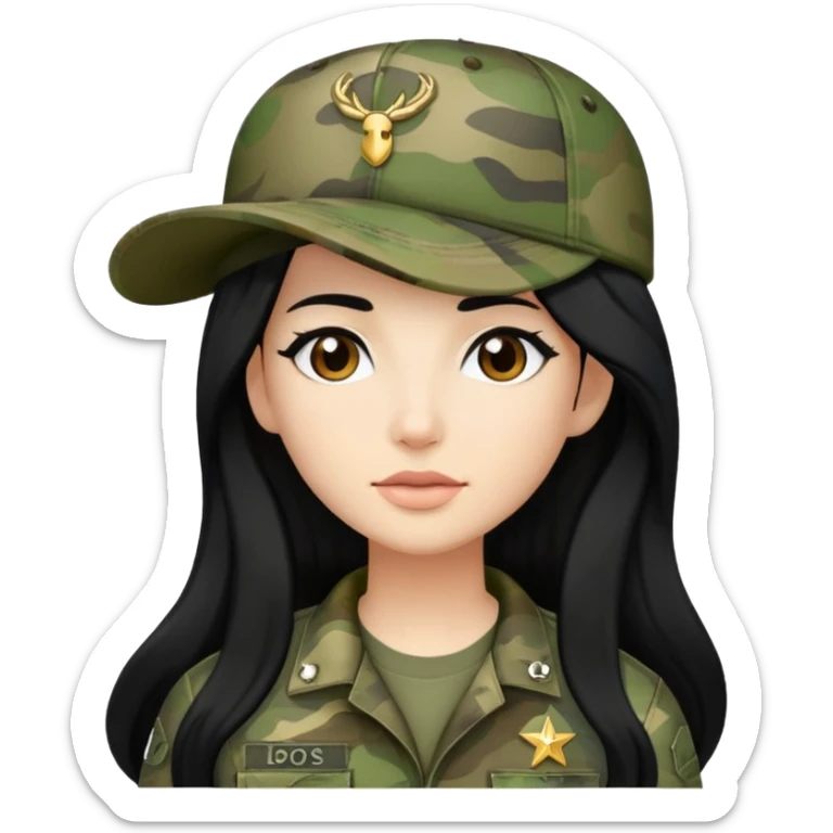 cartoon woman with long black hair wearing camo clothes and ian charms cap sticker