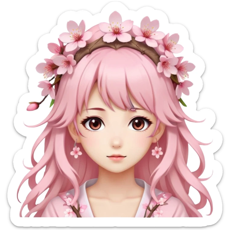 A Gorgeous Beautiful Anime Lady with a Sakura Cherry Blossom Headdress and Pretty Hair, pastelcore sticker