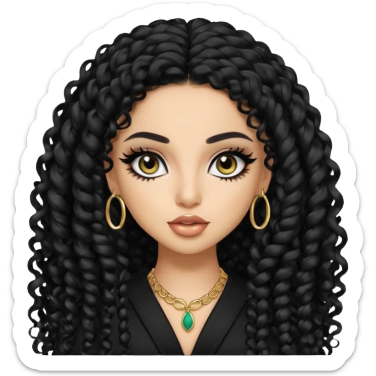 Saudi beauty, pretty bratz baddie, black eyeliner, long black curly hair khaliji fashion, light skin sticker