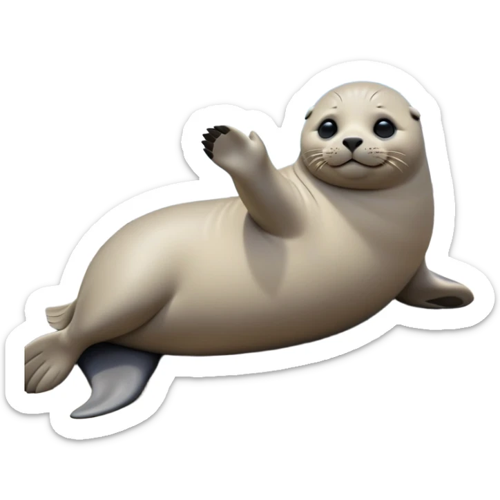 cinematic-seal-realistic-full-body-lounging-emoji,-plump-sleek-body-stretched-out-on-a-rocky-shoreline,-short-smooth-fur-glinting-in-the-sea-breeze,-flippers-tucked-comfortably-beneath-its-body,-large-dark-eyes-filled-with-playful-curiosity,-whiskered-muzzle-lifted-slightly-as-if-smiling,-simplified-yet-realistic-focused-features,-highly-detailed,-glowing-with-a-refreshing-marine-radiance sticker