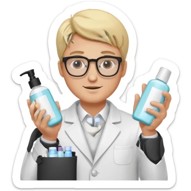blonde man with white coat and glasses holding skincare products sticker