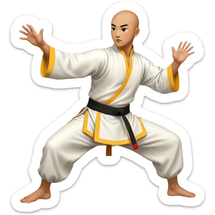Cinematic Realistic Kung Fu Action Emoji, depicted as an epic martial arts scene with a master executing a precise move in traditional attire, rendered with fluid motion and vibrant textures under dramatic high-contrast lighting. sticker