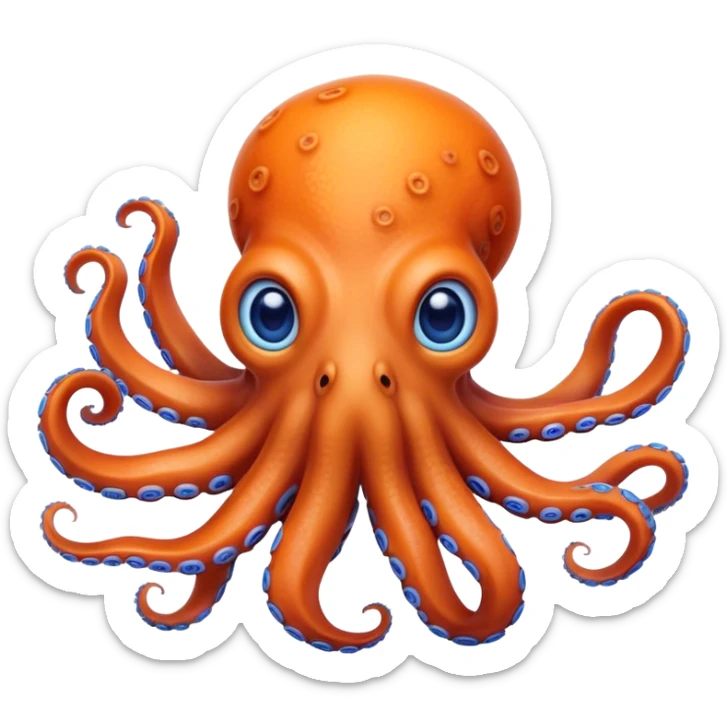 Cinematic Realistic Noble Octopus Portrait Emoji, Poised and majestic, with a sinuous, flowing body in vivid orange accented by intricately detailed blue rings, and intelligent, penetrating eyes that reflect ancient ocean lore; rendered with lifelike texture and natural iridescence, high shine, intelligent and formidable, styled with an aura of mystical marine power, focused and attentive, soft glowing outline, capturing the essence of a watchful and confident octopus that appears ready to glide out of the screen with timeless authority! sticker
