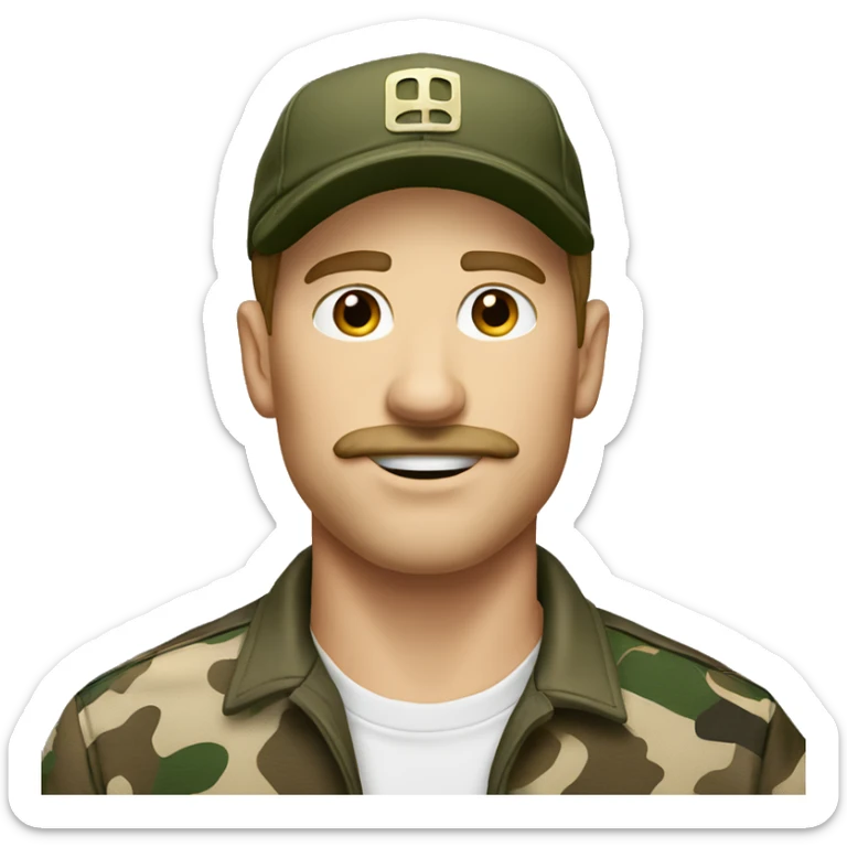 White man with brown hair, mustache, baseball cap and hunting camo shirt sticker