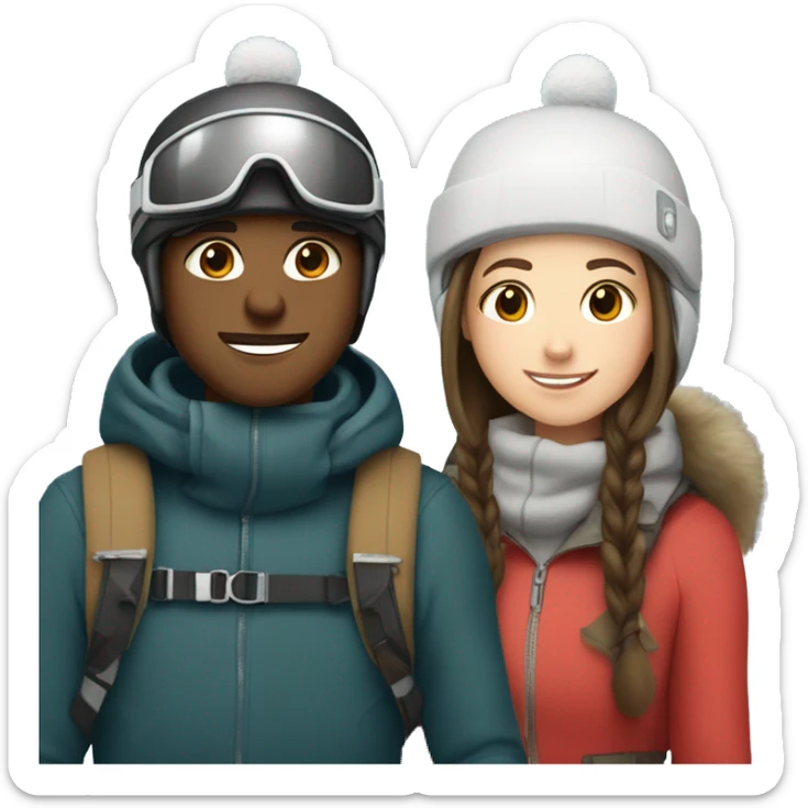 White brunette boy and white brunette girl skiing together in love (just them two) sticker