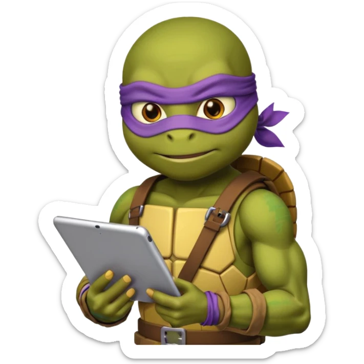 Donatello from Teenage Mutant Ninja Turtles, emoji style, with a tablet showing a hacking screen and a determined look, with a yellow hacking interface sticker