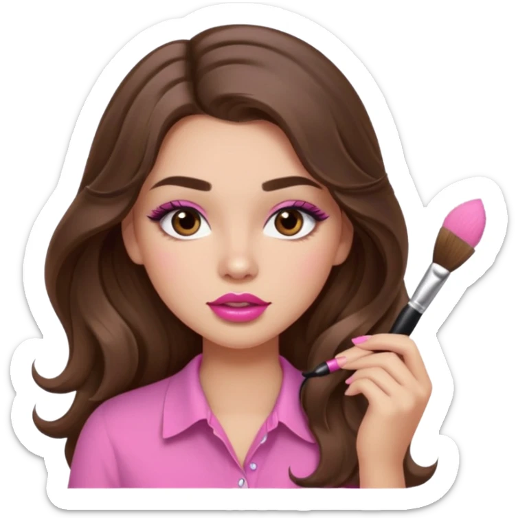 girl with long wavy brown hair, brown eyes, light to medium complexion, in a pink shirt, pink lips, long lashes, puckered lips, putting on makeup with a fluffy brush sticker