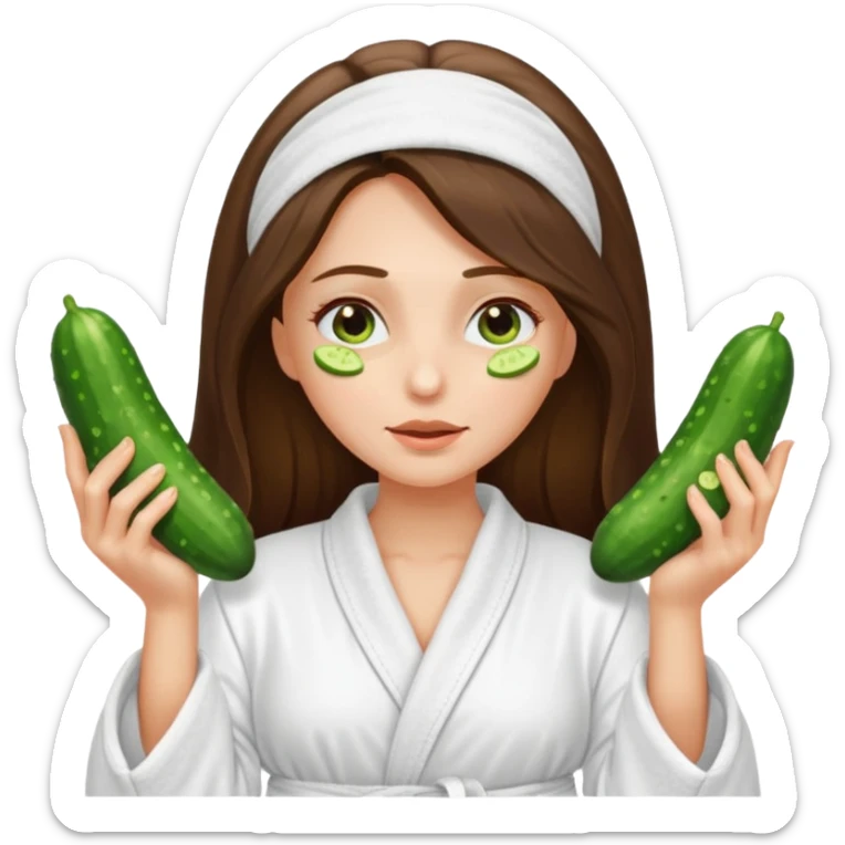 white long brunette hair girl with hazel eyes in a bathrobe with cucumbers covering her eyes sticker