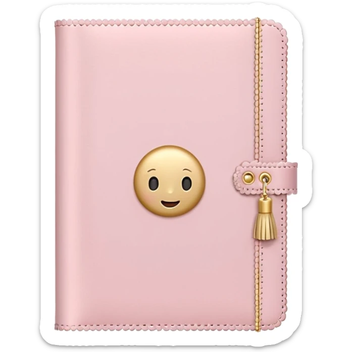 Cute pastel emoji illustration of a soft pink journal with scalloped edges, tiny gold dot details, and a small tassel charm, cozy and elegant stationery vibe sticker