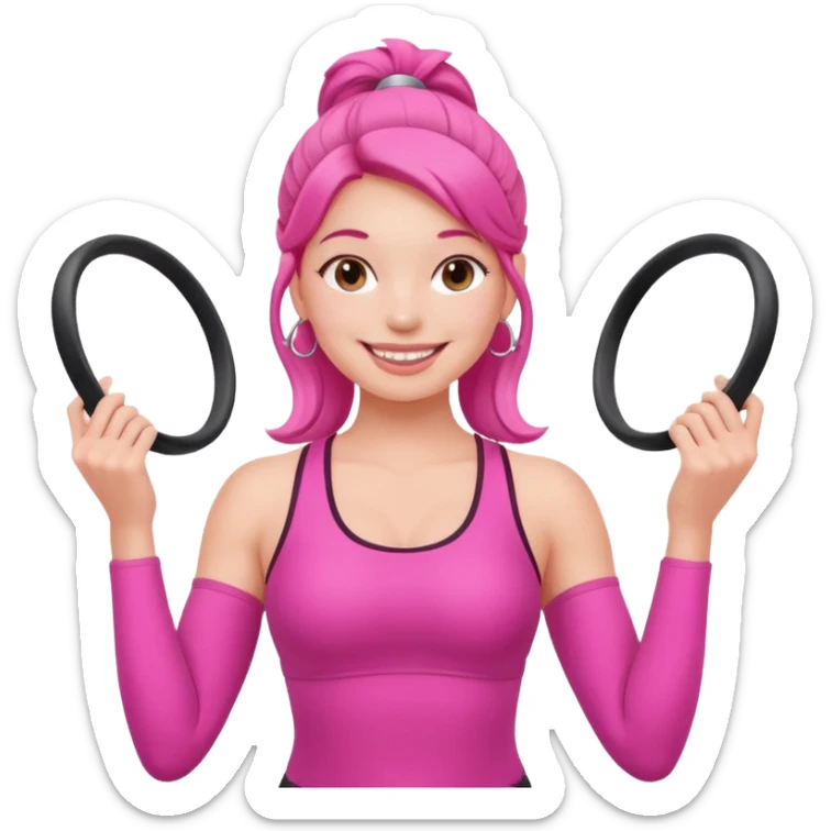 pink pilates girl, smiling, holding a pilates ring, vibrant pink outfit, round face sticker
