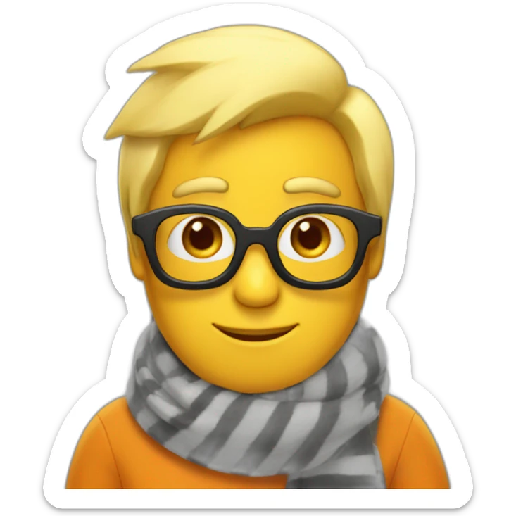 yellow penguin with black glasses dirtyblonde hair with orange tshirt and gray striped scarf sticker
