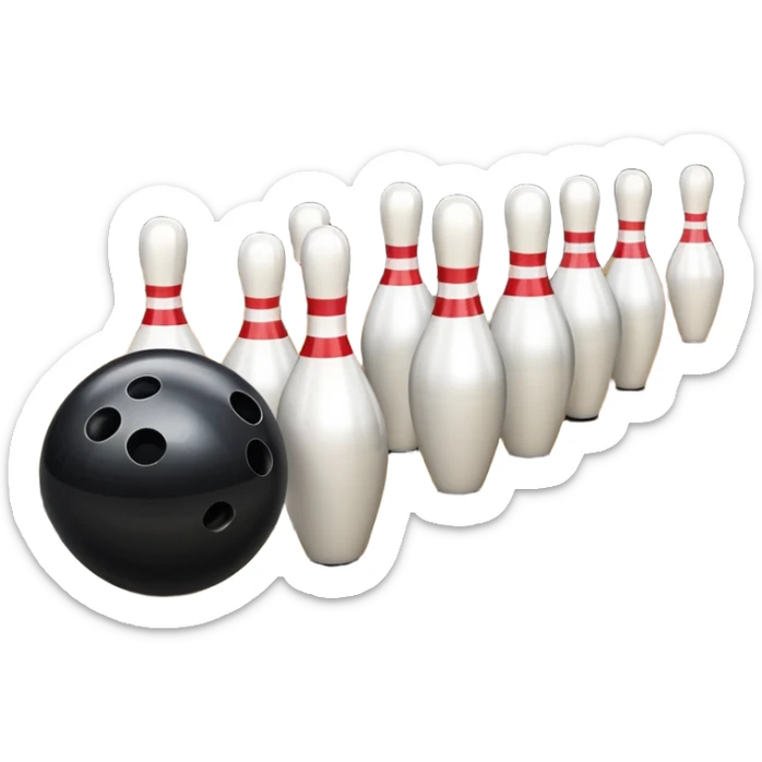 A bowling ball rolling down the lane towards a set of pins, with the pins poised to fall. The scene is set in a bowling alley with bright lights and a polished wooden floor, capturing the excitement and precision of the sport. sticker