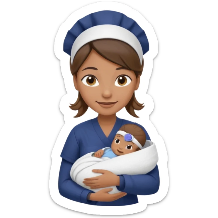 Female nurse smiling with her hair tied up in a roll on the top front of head with medium brown skin and brown eyes holding one new born with navy blue short sleeves sticker