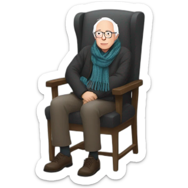 Bernie sanders sitting in chair with legs and arms crossed wearing a scarf sticker