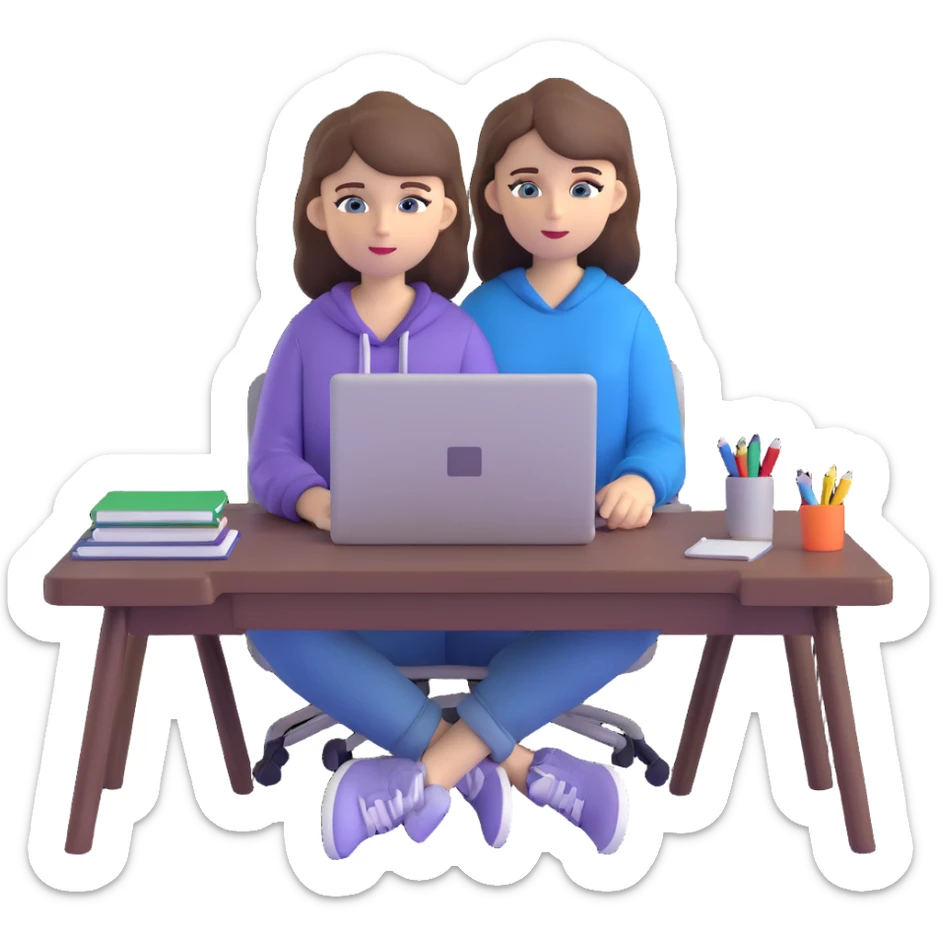 white girl with brown hair and blue eyes, sitting at a desk with a laptop, casual outfit sticker