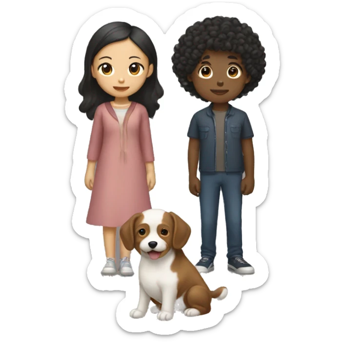 Asian girl, which has straight hair, and black boy, which had curly hair, with a dog sticker