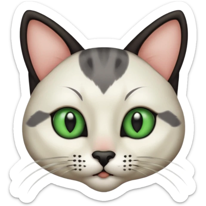 Haz una gata de ojos verdes la cara blanca con mancha negra en las orejas que agarra parte de la frente del lado der pero del iz va desde el ojo hasta la oreja la mancha, tiene la nariz negra en forma de corazón y todo lo que sobra de la cara, barbilla la nariz arriba y el lado de bigotes es blanca sticker
