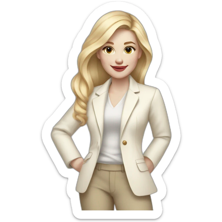 Full height pale skin woman with blonde Straightened Hair to shoulders, White classical jacket, beige Arrow pants holding a color palette in the hands sticker