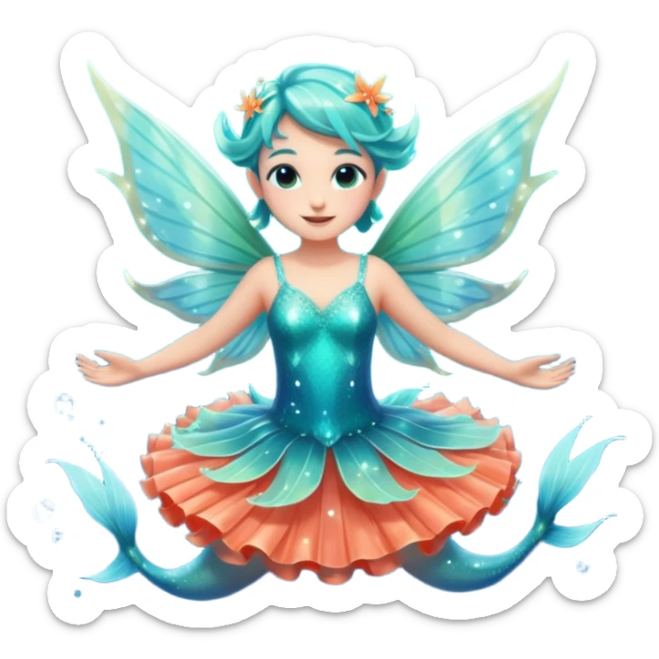 portrait of a small ocean fairy with translucent fins for wings, turquoise skin, coral-like dress, floating above water with sparkles around, joyful pose, front-facing, magical vibe sticker