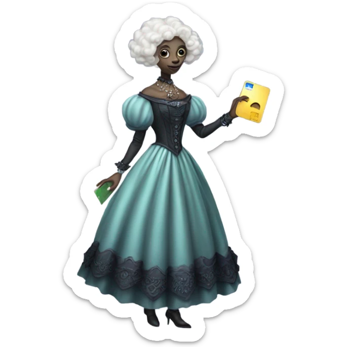 alien galora in Victorian dress elegant, full body, holding big credit card sticker