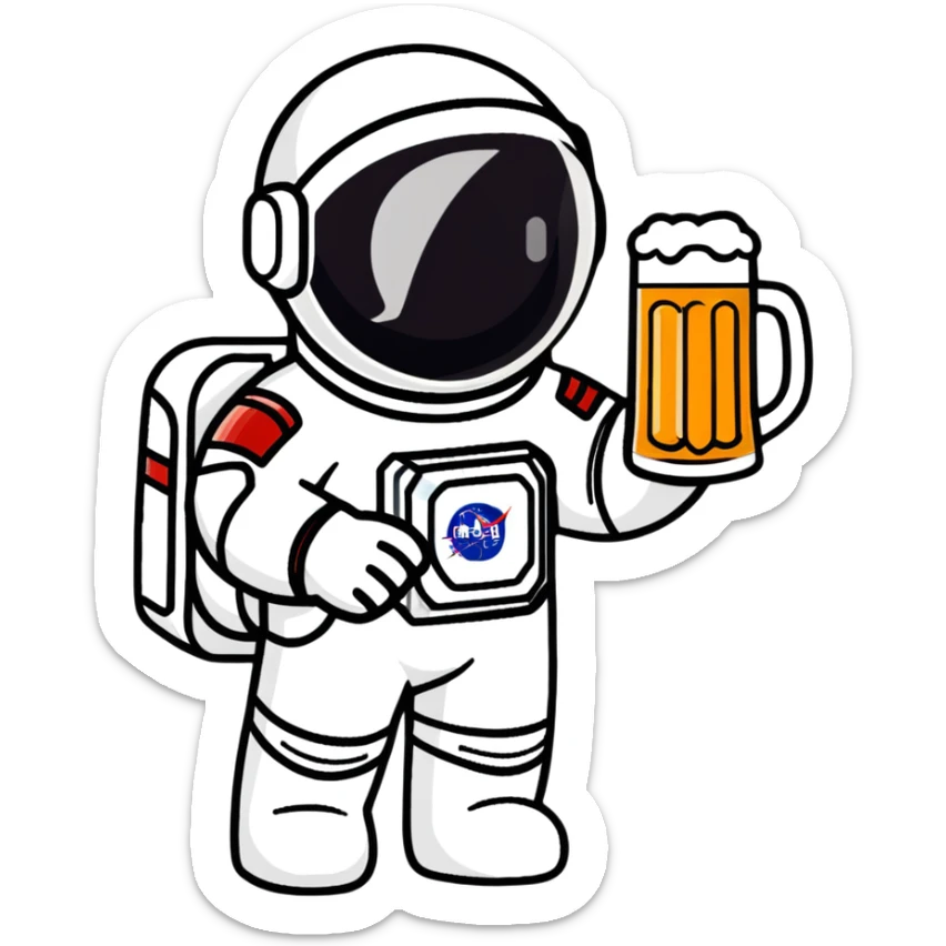a pint of beer wearing a space suit, astronaut beer glass sticker