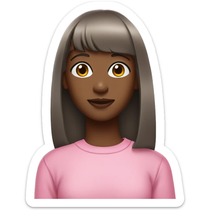 a dark brown skinned girl with straight hair and bangs, wearing a pink sweatshirt. sticker