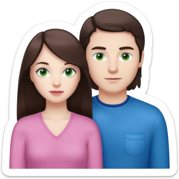 pink polaroid photo of a couple thats white with long brunette hair blue eyes and a white guy with short brunette hair and green eyes sticker