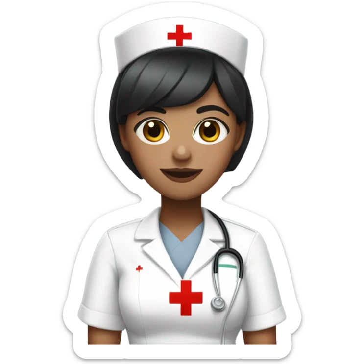 pixie cut black straight hair female nurse with red cross sign hat wearing dress
white skin color sticker