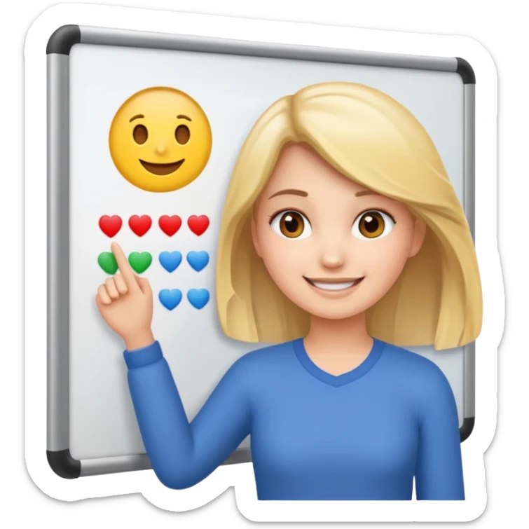 Make an emoji of a girl who is teaching how to make emojis on a board sticker