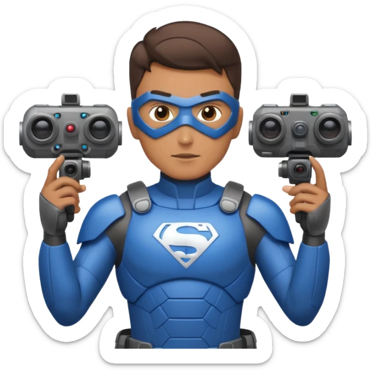 Un photographe homme high tech, une armure de terrain à la super héro. Il a des appareils photos, des caméras embarquées et un drone derrière lui en hauteur. sticker