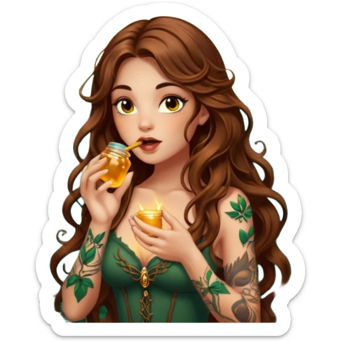 woman with long wavy brown hair, tattoos, forest mystic outfit, licking glowing honey from fingertip, flirty eyes sticker