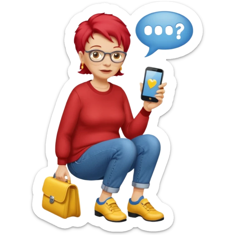 An old lady with red hair, wearing a red shirt, blue jeans, yellow shoes walking in a park holding a cell phone with a text bubble that says Have you checked in to the meetup? sticker