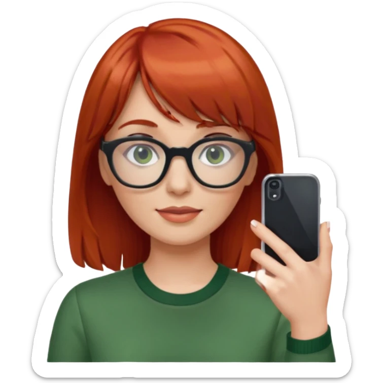 red haired woman with bangs, glasses, green blouse holding her phone having selfie sticker