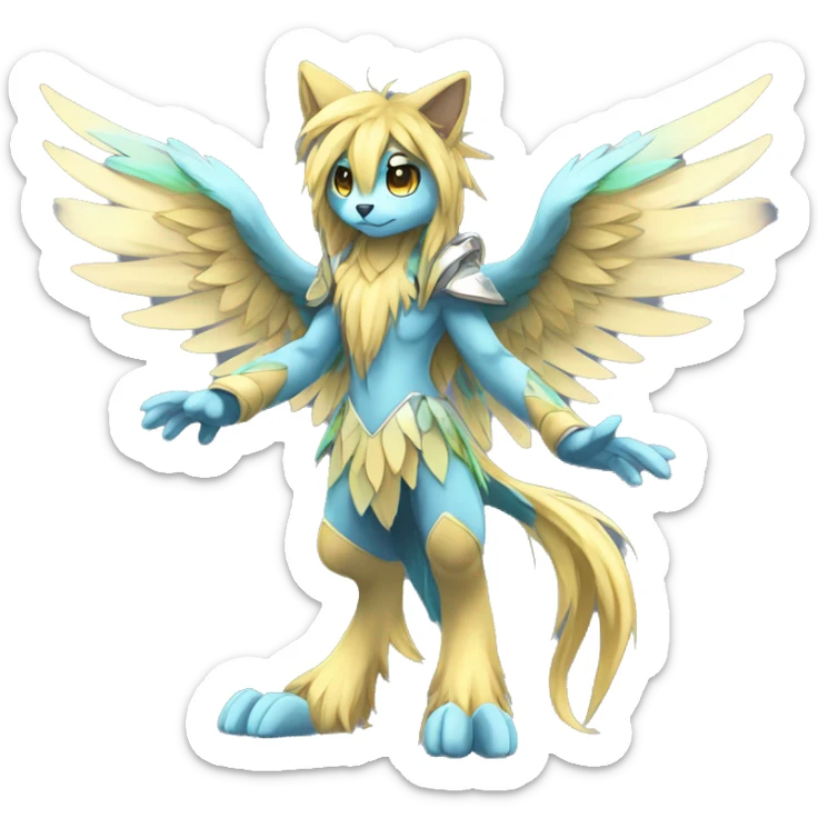 Anthro Sona Cool Edgy Cute Colorful Shy Winged Shiny Fakemon-Fantasy-Creature With Long Hair-Mane Full Body sticker
