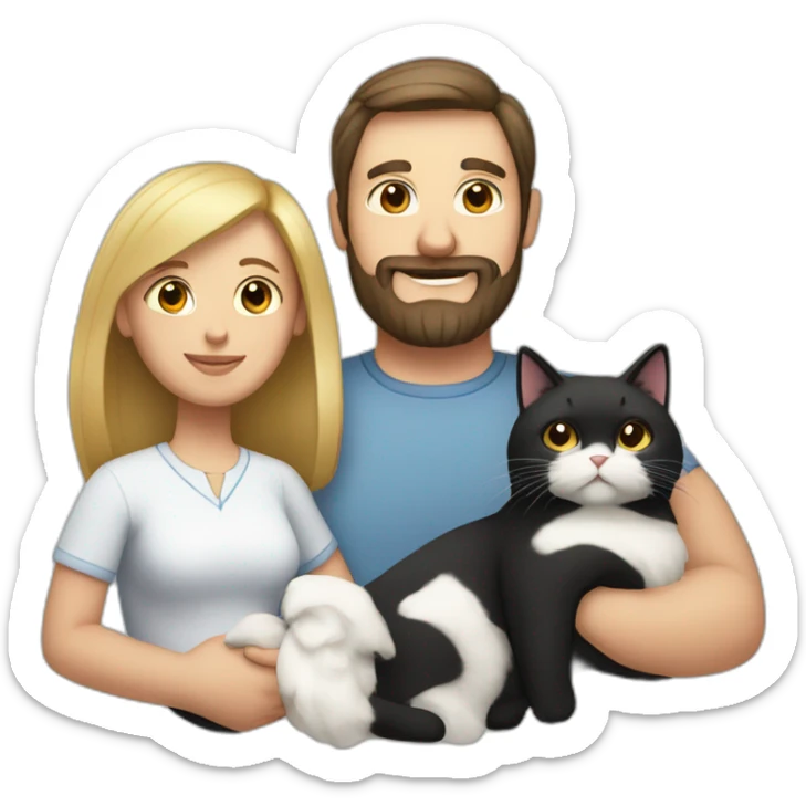 Family photo a fat husband with a beard is holding a white cat and wife with straight hair is holding a black cat sticker