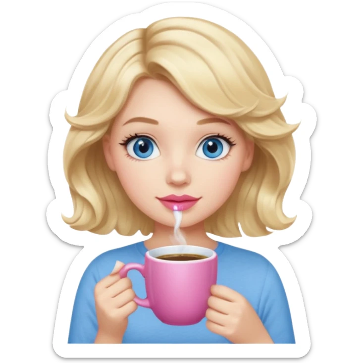 Girl Blonde short wavy hair,  blue eyes, cute blue top, long lashes, pink lips, holding white hot coffee mug sticker