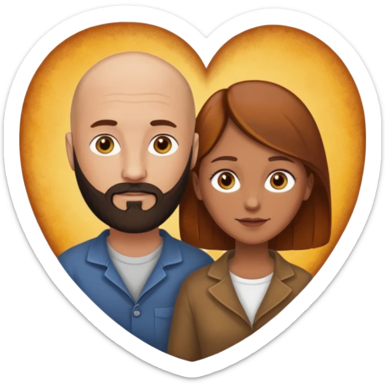 Couple. Bald man with dark brown-black beard. Woman with many small, faded freckles, white skin and she has auburn-yellow-brown-caramel-cinnamon dark hair. She has light yellow-brown eyes. The man have hazel eyes. They are inside a big heart. sticker