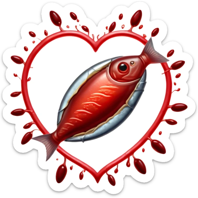 Ethereal red meat, liver, and sardines glowing with magical energy surrounding a bright red blood cell. Mystical light connects the foods to the blood cell and flows toward a heart and muscles, showing heme iron's role in creating vitality and energy throughout the body. sticker