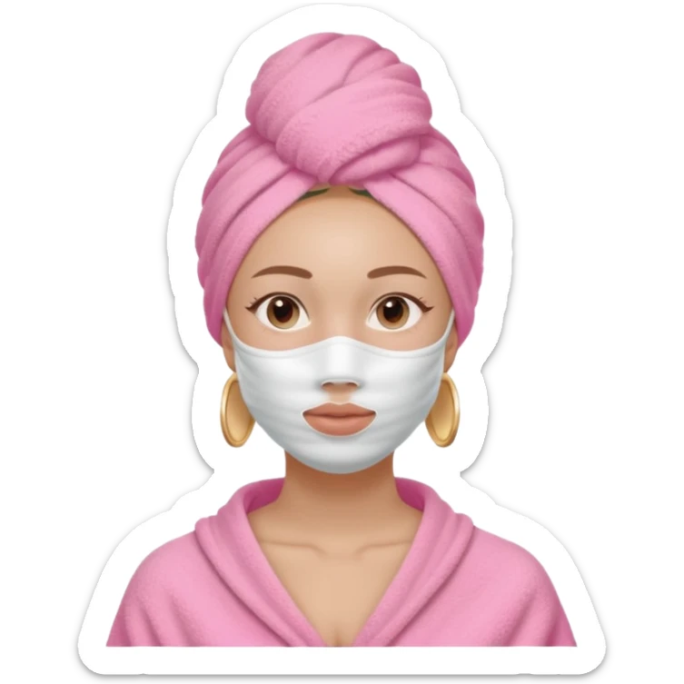 Clean girl influencer character, chest-up portrait, wearing a pink towel wrapped around the head, half-face skincare mask (applied only on one side of the face), relaxed confident expression, , minimal chic self-care aesthetic, subtle beauty accessories sticker