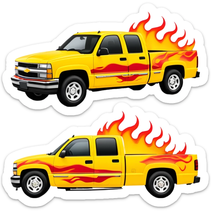 Yellow 1997 Chevrolet C-2500 Crew Cab Silverado with airbrushed red flame artwork on the hood and front fenders, custom painted flames like in Kill Bill movie, 30-degree view, iOS emoji style sticker