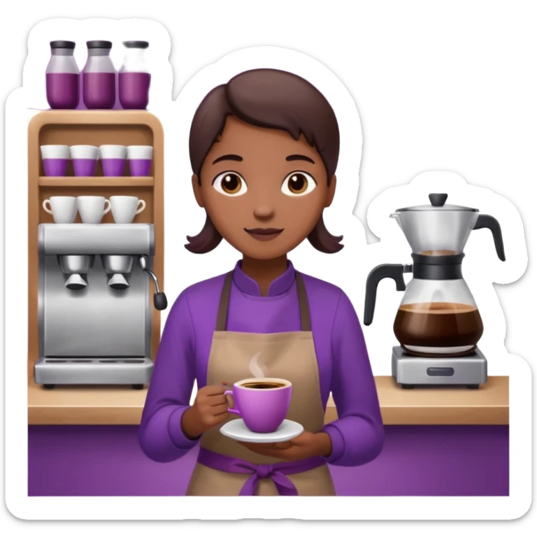 Create 3D minimalist emoji in the style of Coffee Lover — a coffee shop and roastery brand.
Style: cozy, warm.
Colors — purple-pink range.
barista with coffee
on the form it says "Coffee Lover" sticker