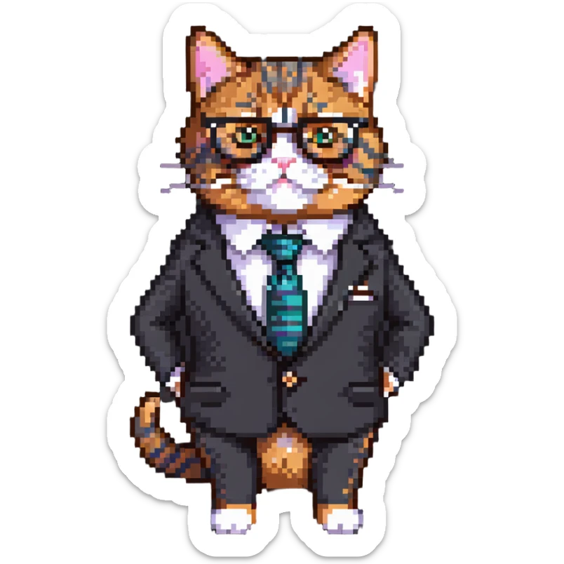 business cat with glasses looking like an office boss, wearing a suit and tie sticker