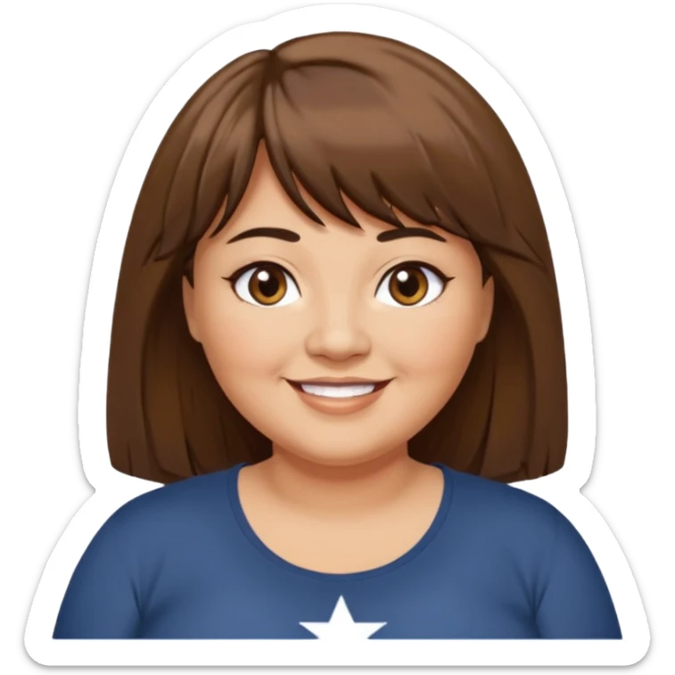 middle aged overweight woman with tan skin, black star next to left eye, long brown hair with bangs, brown eyes, smiling, white t-shirt sticker
