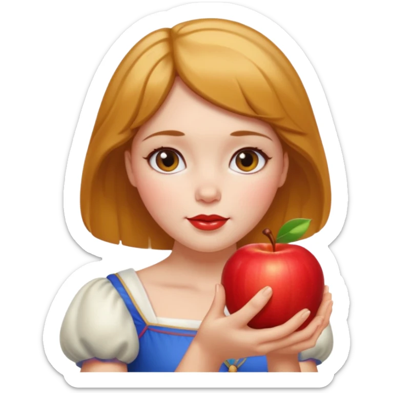 Create an emoji of Snow White holding a red apple, with short golden-brown hair. sticker