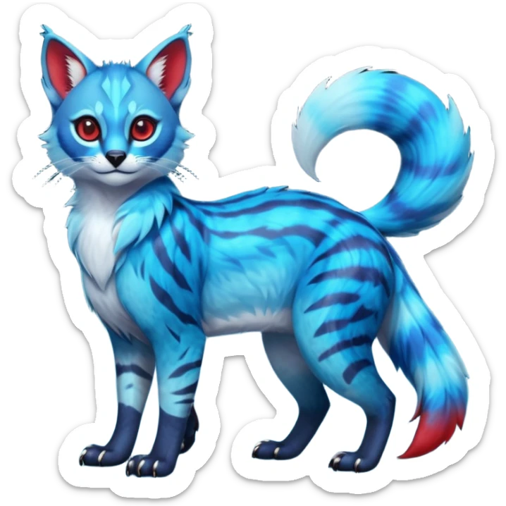 Cute kawaii cool edgy badass  vibrant cyan-cobalt-blue-to-crimson-red gradient-colored iridescent glossy fur  fantasy-caracal-civet-genet-sergal-vernid-Gryphon-Cacomistle-Trico-oncilla-animal-Fakémon-hybrid-fursona (full body), facial markings, (realism style) sticker