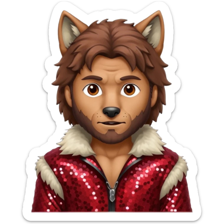 The Wolf Man with tan skin brown hair and fur, dark red sequin outfit sticker